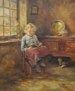 CHRETIEN (René-Louis) "Petite fille lisant et son chat" hst, sbg,...