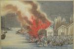 JAPON :  Grande aquarelle japonaise figurant une scène d'incendie,...