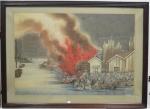 JAPON :  Grande aquarelle japonaise figurant une scène d'incendie,...