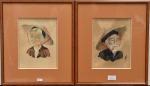 SIGNATURE ILISIBLE "Portraits d'un couple asiatique" paire de peinture sur...