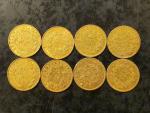 8 pièces de 20 Francs or Napoléon (1855A-1852A-1859B-1854A-1856A-1865B-1867A-1854A)