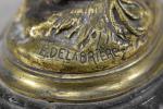 DELABRIERE (E.) "L'oiseau" (perdrix?), bronze à patine dorée, l =...
