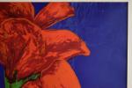 BELLE (Charles) "Fleurs rouges sur fond bleu" lithographie, 72x102 (tâches)