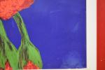 BELLE (Charles) "Fleurs rouges sur fond bleu" lithographie, 72x102 (tâches)