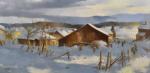 Jean-Claude Bourgeois (1932-2011)<br />
« Village Comtois en hiver »<br />
Huile sur toile signée en bas à gauche<br />
97 x 195 cm