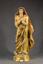 "Vierge foulant le serpent", sujet en bois doré et polychrome...