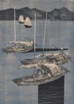 BICHET (Pierre) "Barques dans le Tonkin", lithographie E/A, sbd, 53x38
