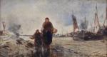 DESHAYES (Eugène) "Femme et enfant à marée basse près d'un...