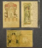 ILLUSTRATEUR : trois cartes postales anciennes, femmes Art Nouveau dans...