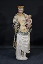Statue en pierre polychrome  "Vierge à l'enfant au raisin"...