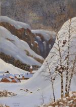 DUGRANDMONT (Jean-Pierre) "Village sous la neige", daté février 1995, aquarelle,...