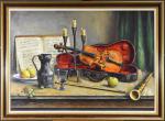 CHAPATTE (Henri) "Composition au violon, étain, pommes et partition" hst,...
