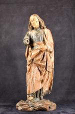 "Saint en manteau rouge" sculpture en bois polychrome fin XVIIe,...