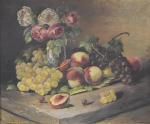 BRUNVILLE "Composition aux fruits sur une entablement" hst, sbd, 46x55...