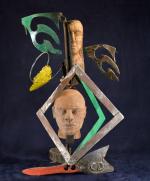 DEMET (Claude) "Composition surréaliste aux visages" sculpture en métal, terre...