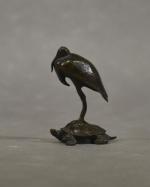BARYE : "Le héron et la tortue" bronze, fondeur Barbedienne,...