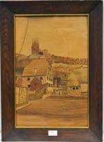 AUFDERBRUCH (J.) "Village d'Alsace", marqueterie de bois, 47,5x31 (vitre fendue)
