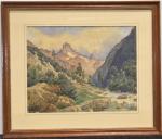 BRUN (Edouard) "La vallée au printemps" aquarelle, sbg, 26,5x34 (piqures)