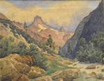 BRUN (Edouard) "La vallée au printemps" aquarelle, sbg, 26,5x34 (piqures)