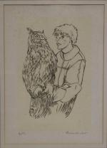 BICHET (Pierre) "Jeune homme au hibou" rare lithographie N°4/50, sbd,...
