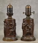 BARBEDIENNE (F.) : Paire de lampes en bronze à décor...