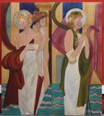 ANONYME : Paire de tableaux décoratifs figurant 3 jeunes femmes...