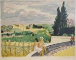 BRAYER (Yves) "Femmes admirant le paysage depuis une terrasse" lithographie...