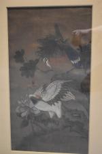 EXTRÊME-ORIENT CHINE début XXe"Oiseaux exotiques", peinture sur soie, 71, 5x39,...