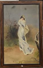 ANONYME ECOLE FRANCAISE XIXe "Femme 1900", hst, 153x93 (2 accidents...
