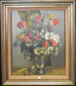 CHARIGNY (André) "Bouquet au vase d'étain, aux roses, tulipes et...