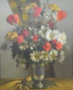 CHARIGNY (André) "Bouquet au vase d'étain, aux roses, tulipes et...