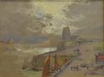 BRAUX (de) (René) "Les quais fortifiés, scène de port" aquarelle,...