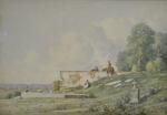 COULON (Paul-Léo) "Fontaine dans la campagne italienne" , aquarelle, 25x25,...