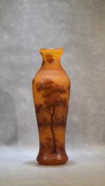 DAUM-NANCY : Vase orangé à décor lacustre, travail à l'acide...
