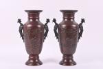 JAPON fin XIXème Paire de vases balustres en bronze à...