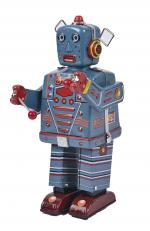 Japon, robot joueur de tambour mécanique
en tôle bleu métallisé, R57....