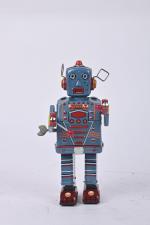 Japon, robot joueur de tambour mécanique
en tôle bleu métallisé, R57....