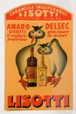 Lisotti
Caramelle Liquore
Vitrophanie, Imp. La Pubblicita Milan, 33 x 21 cm.