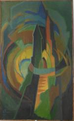 Henri Therme (1900-1973), Allégorie, église, vert, bleu, jaune, brun,
huile sur...