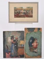 Franquelin (XXe), Esquisses de portraits, deux huiles et un pastel,...