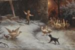 Carl Portman 
Paysage d'hiver, l'enfant, deux oies
Huile sur toile signée...