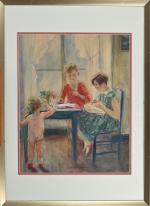 Cadette- Simon DUCUING (XXe siècle), En famille, crayon et aquarelle...