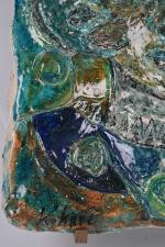 KOHARZ (XXème), Couple, bas-relief en céramique vernissé bleu et vert,...