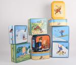 D'arpès Hergé, "Les aventures de Tintin", 
9 boîtes imprimées, divers...