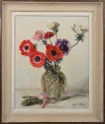 Alexis VOLLON (1865-1945)
Bouquet d'anémones dans un vase en verre 
Huile...