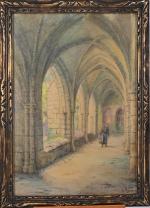 Émile GUDIN (1874-1957) 
Dans le cloître
Fusain et pastel signé en...