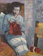 Auguste LIQUOIS (1902-1969)
Femme au tricot
Huile sur toile non signée. Écaillures....