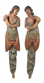 Paire d'éléments décoratifs 
en bois sculpté et polychrome 
sculpture d'appliques...
