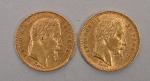 Deux pièces de 20 francs or Napoléon III tête laurée,...
