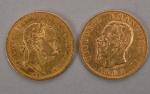 Deux pièces 20 francs or hongroise François Joseph, 1872 et...